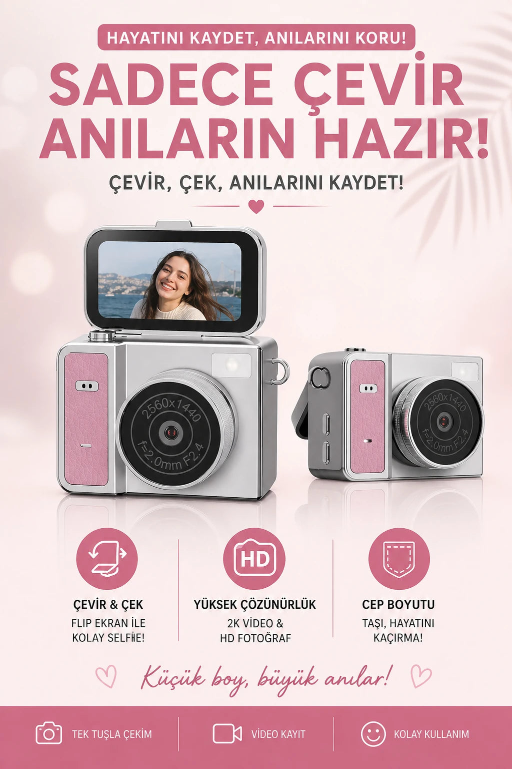 Mini Dijital Fotoğraf Makinesi Flip Life Video Foto Kamera 2K+48MP (Pembe)