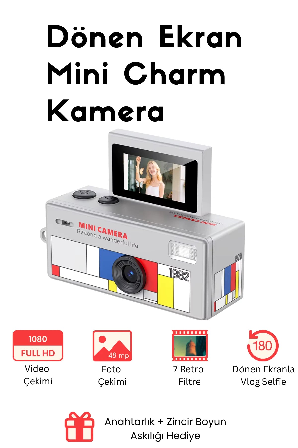 Mini Charm Kamera Dönen Ekran Flaşlı Selfie Video Vlog Kamerası 1080P+48MP (Gri)