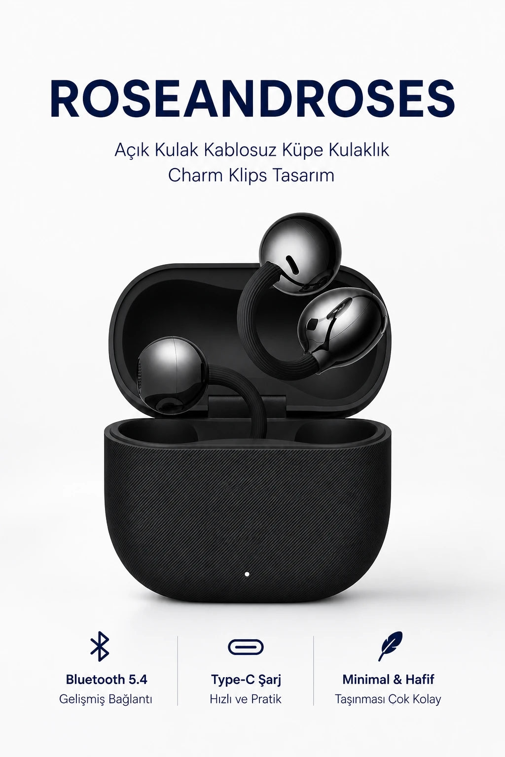 Açık Kulak Kablosuz Küpe Kulaklık - Charm Klips Tasarım (Siyah)