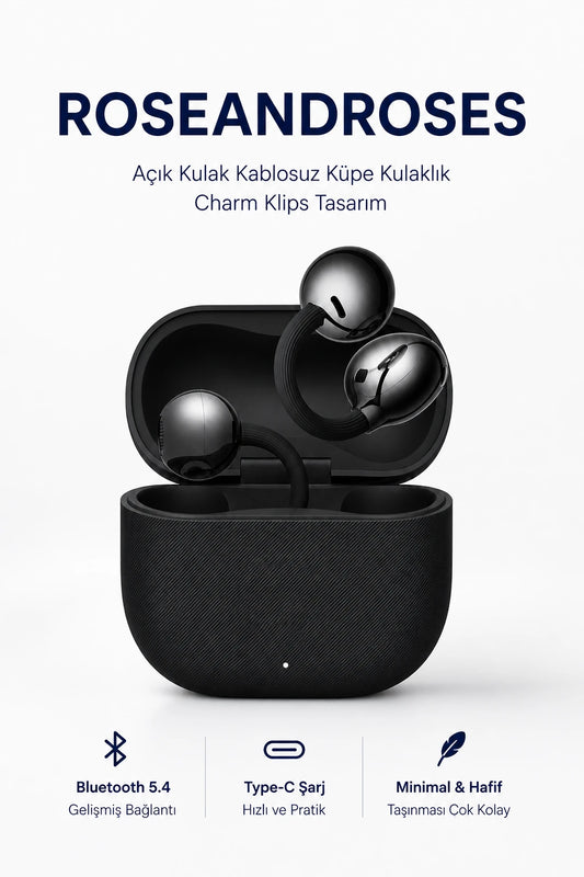 Açık Kulak Kablosuz Küpe Kulaklık - Charm Klips Tasarım (Siyah)