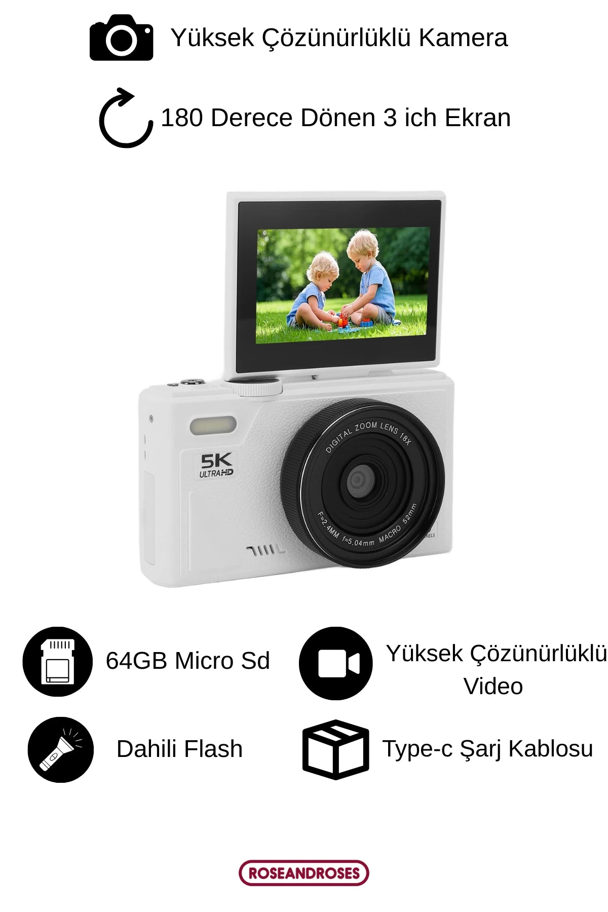 5K UHD 18x Zoom Dönen Ekran Video Foto Vlog Kamera (Siyah)