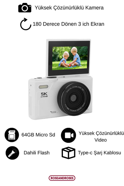 5K UHD 18x Zoom Dönen Ekran Video Foto Vlog Kamera (Siyah)