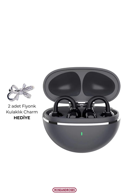 Fiyonk Charm Hediyeli Modern Klips Tasarımlı Kablosuz Kulaklık (Siyah)