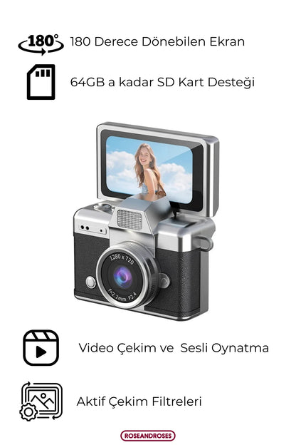 Mini Kamera Dönen Ekran Flaşlı Selfie Video Vlog Kamerası Anahtarlık 1080P+48MP (Beyaz)
