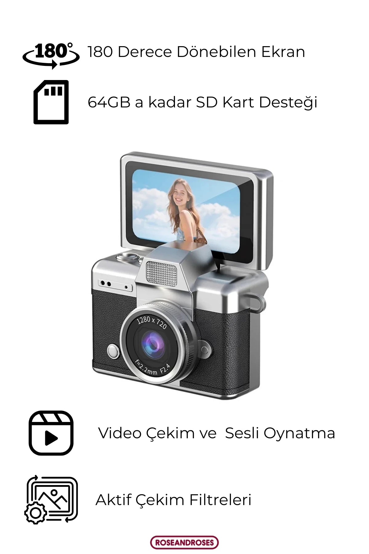 Mini Kamera Dönen Ekran Flaşlı Selfie Video Vlog Kamerası Anahtarlık 1080P+48MP (Mor)