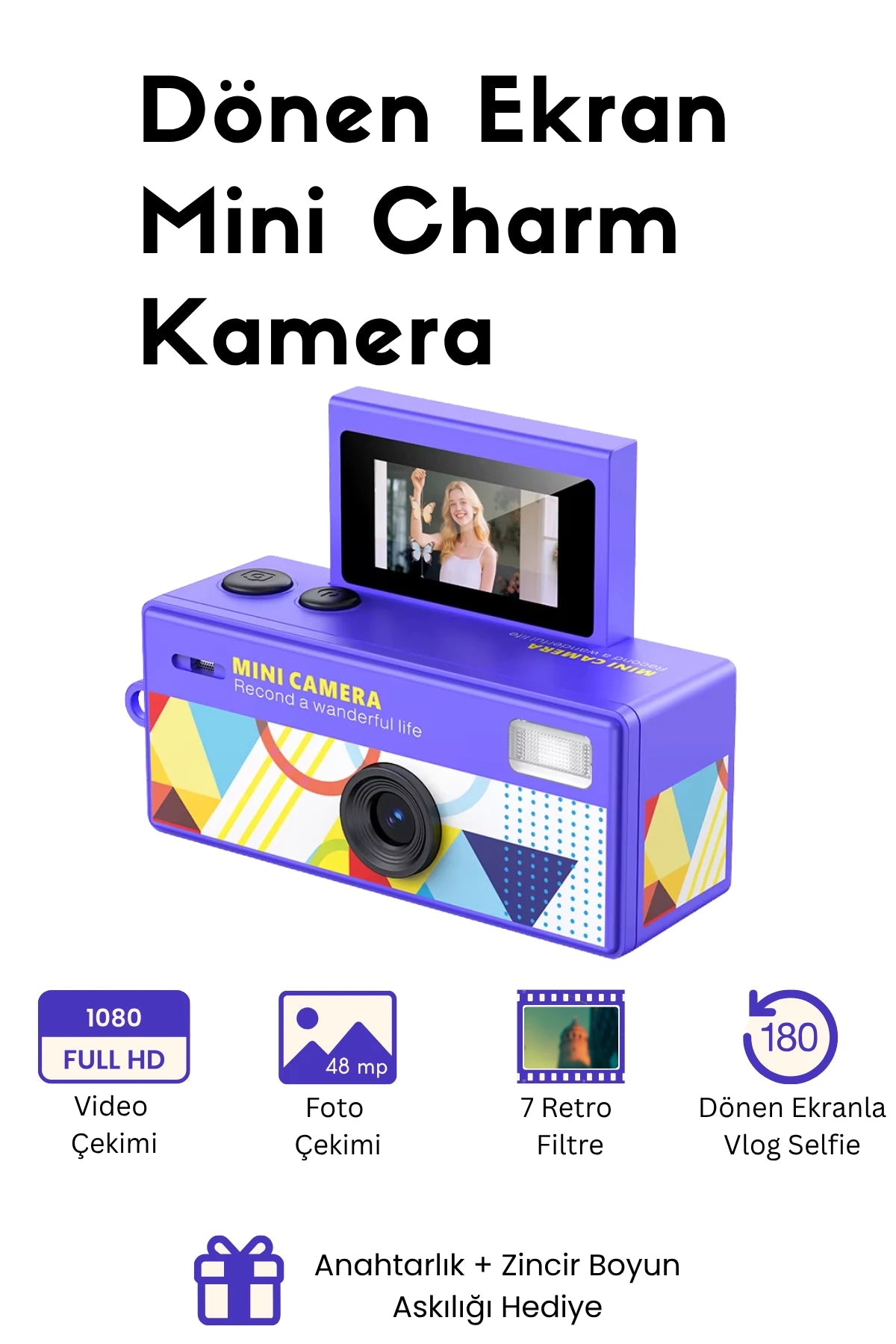 Mini Charm Kamera Dönen Ekran Flaşlı Selfie Video Vlog Kamerası 1080P+48MP (Mor)