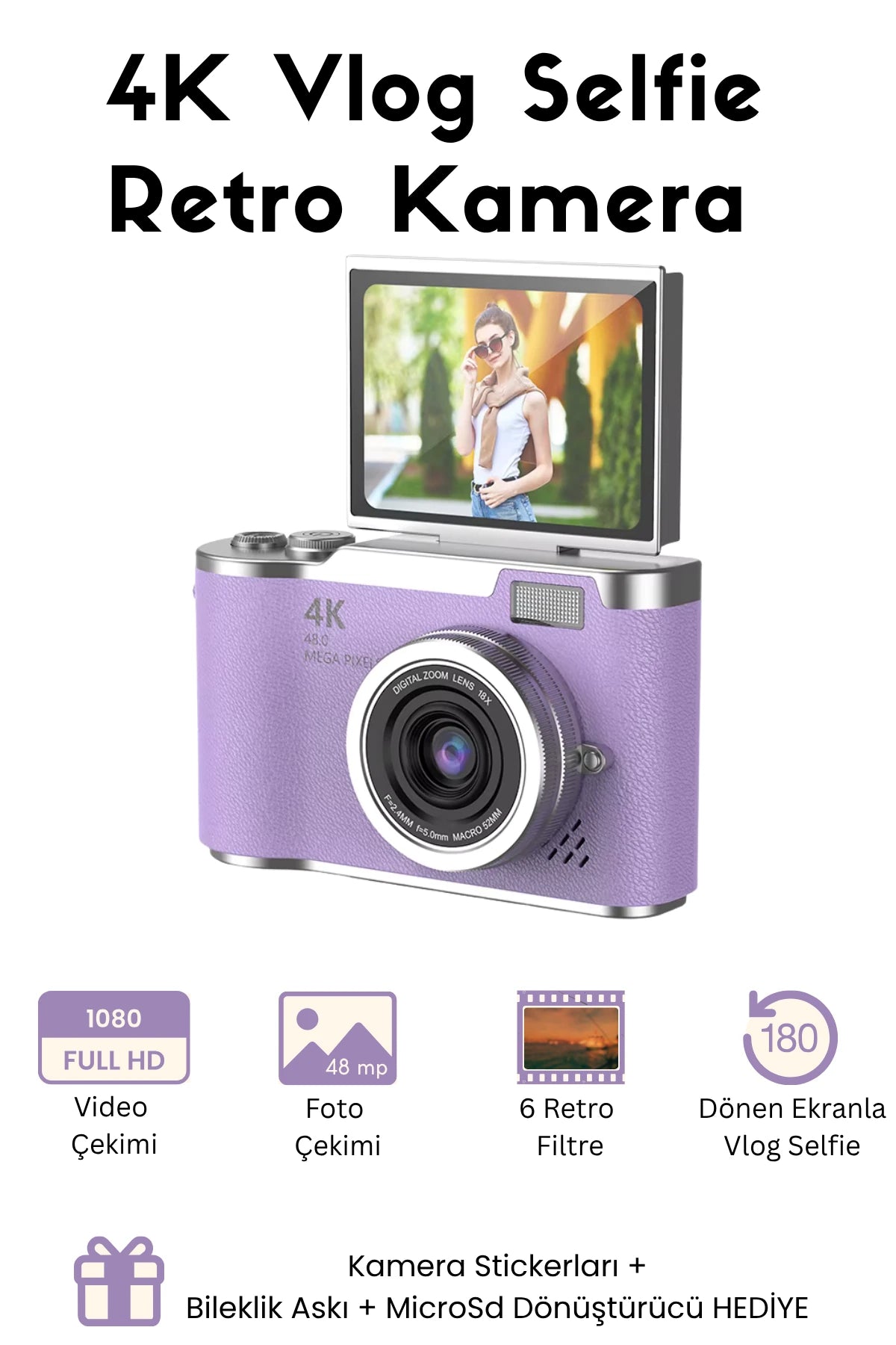 Sticker Hediyeli Retro Kamera Dönen Ekran Flaşlı Selfie Video Vlog Kamerası 4K+48MP (Mor)
