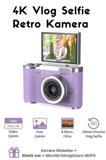 Sticker Hediyeli Retro Kamera Dönen Ekran Flaşlı Selfie Video Vlog Kamerası 4K+48MP (Mor)