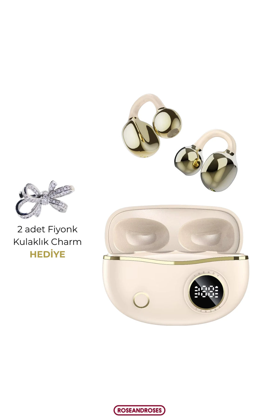 Fiyonk Charm Hediyeli Klips Tasarımlı Kablosuz Kulaklık (Gold)