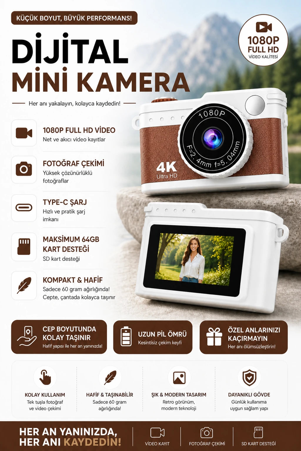 Dijital Mini Kamera 1080P (Kahve)