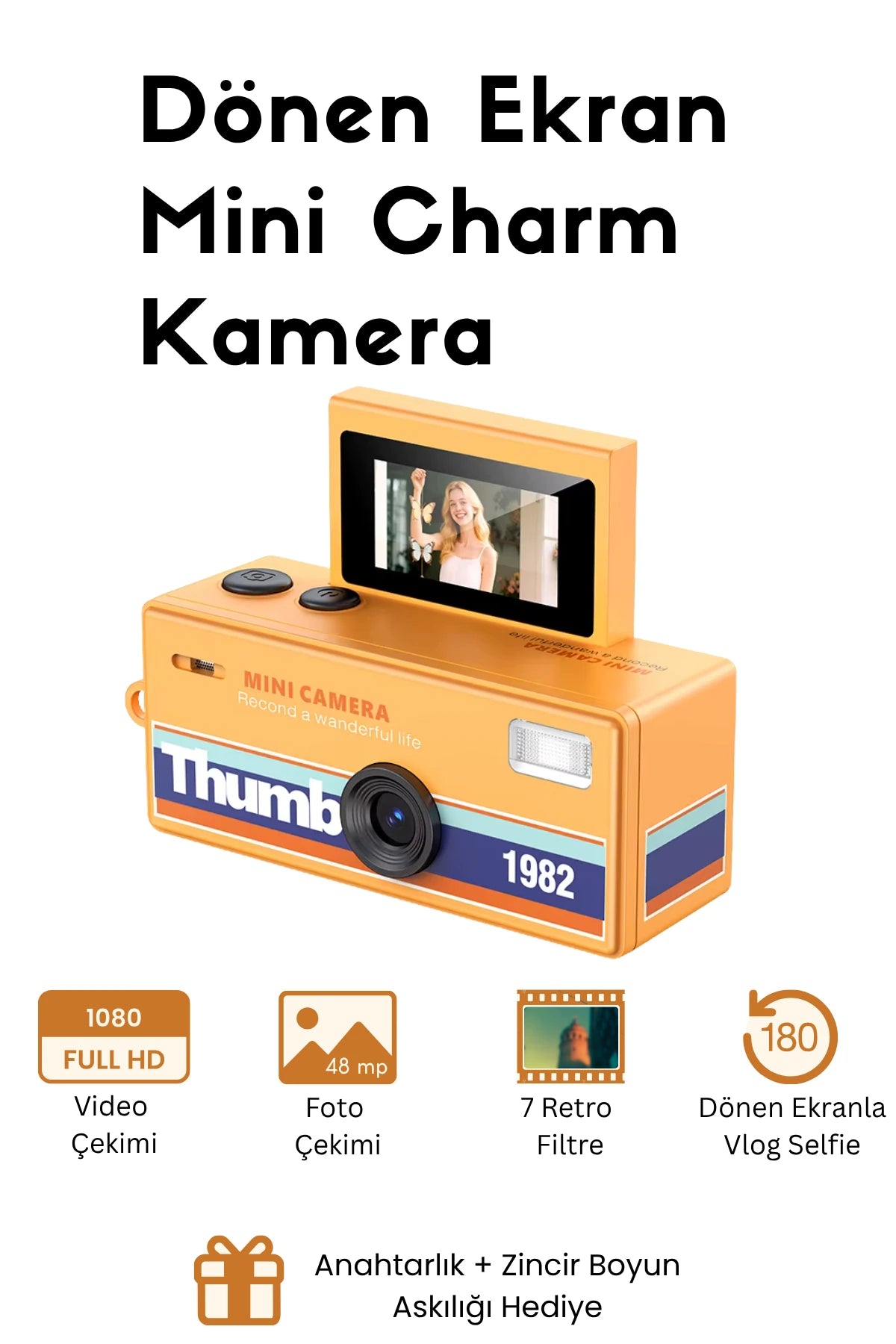 Mini Charm Kamera Dönen Ekran Flaşlı Selfie Video Vlog Kamerası 1080P+48MP (Turuncu)