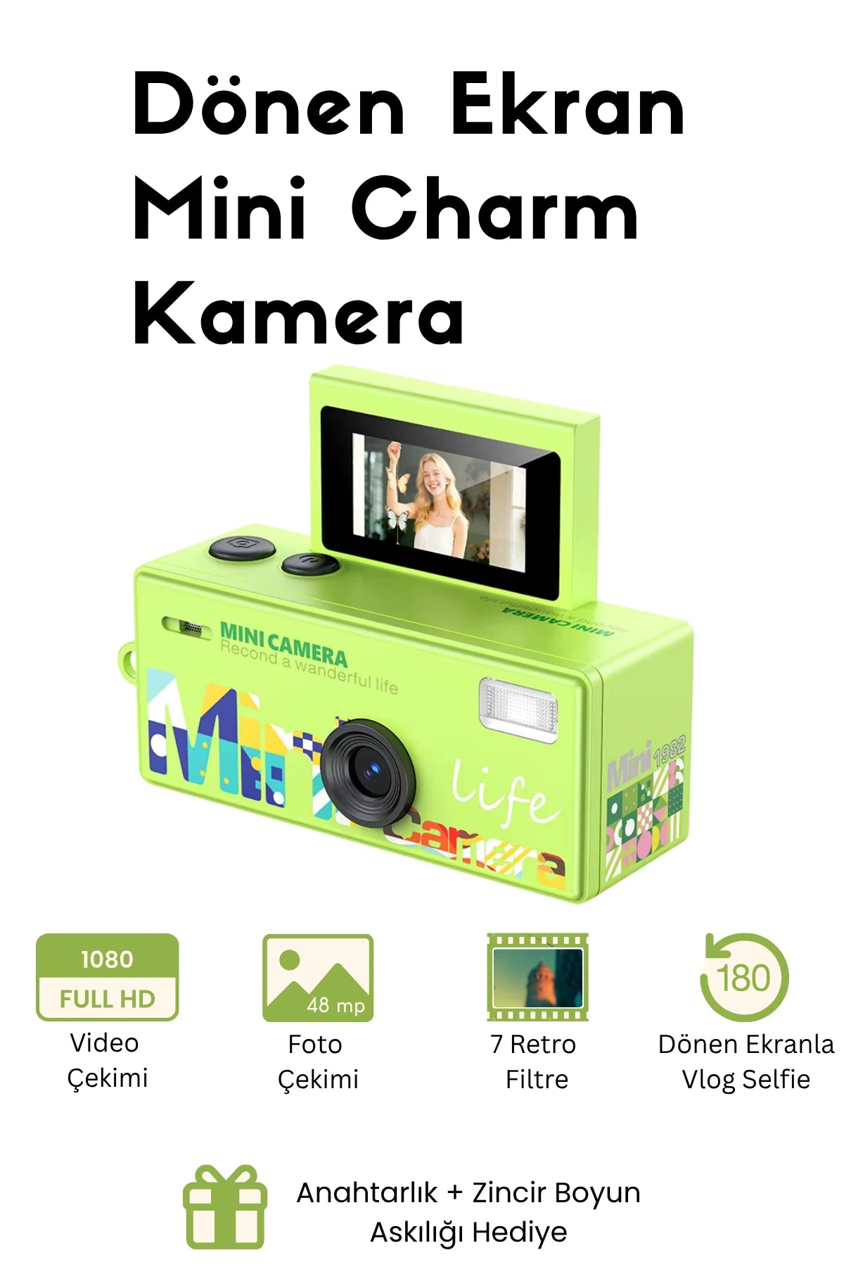 Mini Charm Kamera Dönen Ekran Flaşlı Selfie Video Vlog Kamerası 1080P+48MP (Yeşil)