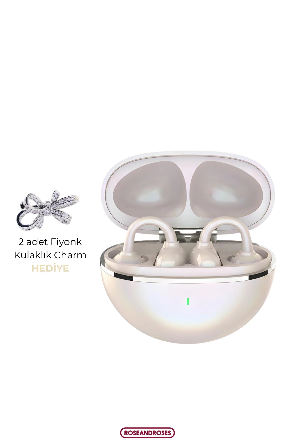 Fiyonk Charm Hediyeli Modern Klips Tasarımlı Kablosuz Kulaklık (Krem>Kahve)