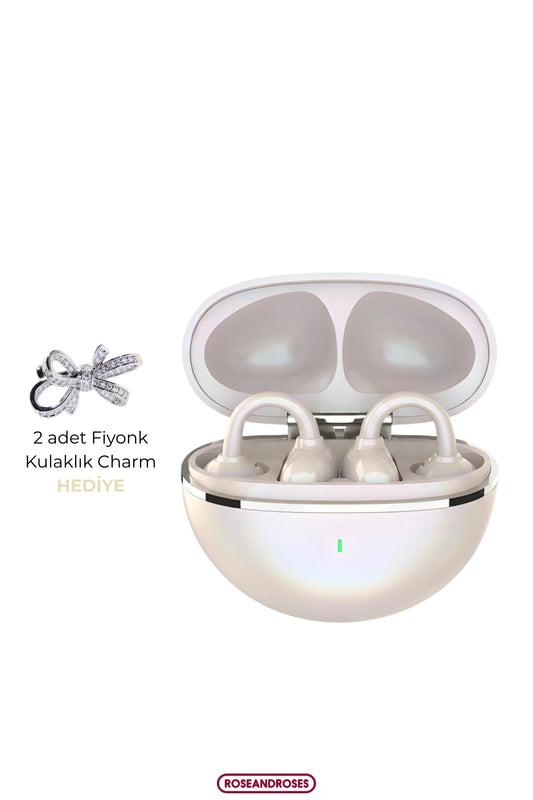 Fiyonk Charm Hediyeli Modern Klips Tasarımlı Kablosuz Kulaklık (Krem>Kahve)