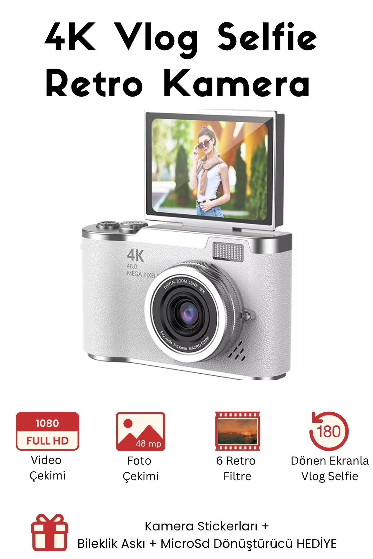 Sticker Hediyeli Retro Kamera Dönen Ekran Flaşlı Selfie Video Vlog Kamerası 4K+48MP (Beyaz)