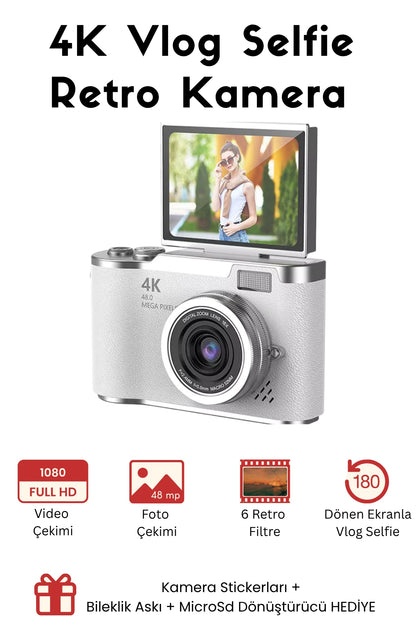 Sticker Hediyeli Retro Kamera Dönen Ekran Flaşlı Selfie Video Vlog Kamerası 4K+48MP (Beyaz)