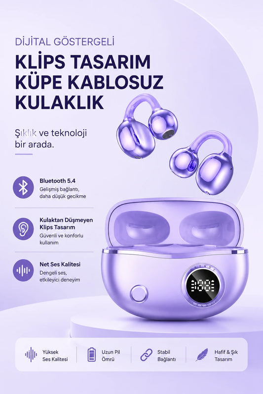Dijital Göstergeli Klips Tasarım Küpe Kablosuz Kulaklık (Mor)