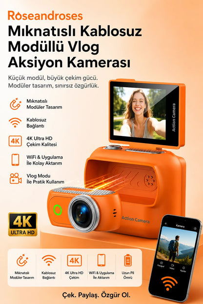 Geniş Açılı Mıknatıslı Kablosuz Modüllü Vlog Aksiyon Kamerası 4K+48MP (Turuncu)