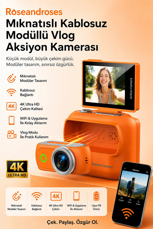 Geniş Açılı Mıknatıslı Kablosuz Modüllü Vlog Aksiyon Kamerası 4K+48MP (Turuncu)