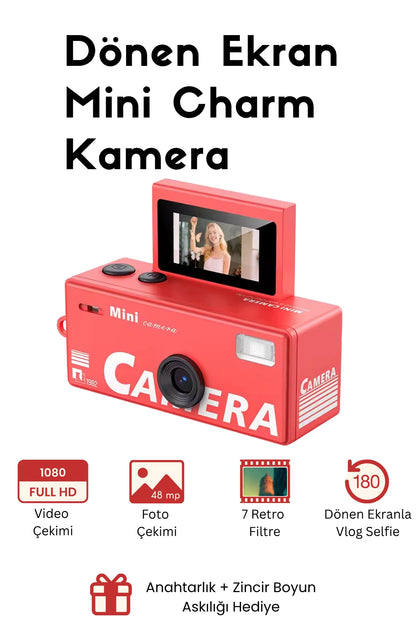 Mini Charm Kamera Dönen Ekran Flaşlı Selfie Video Vlog Kamerası 1080P+48MP (Kırmızı)