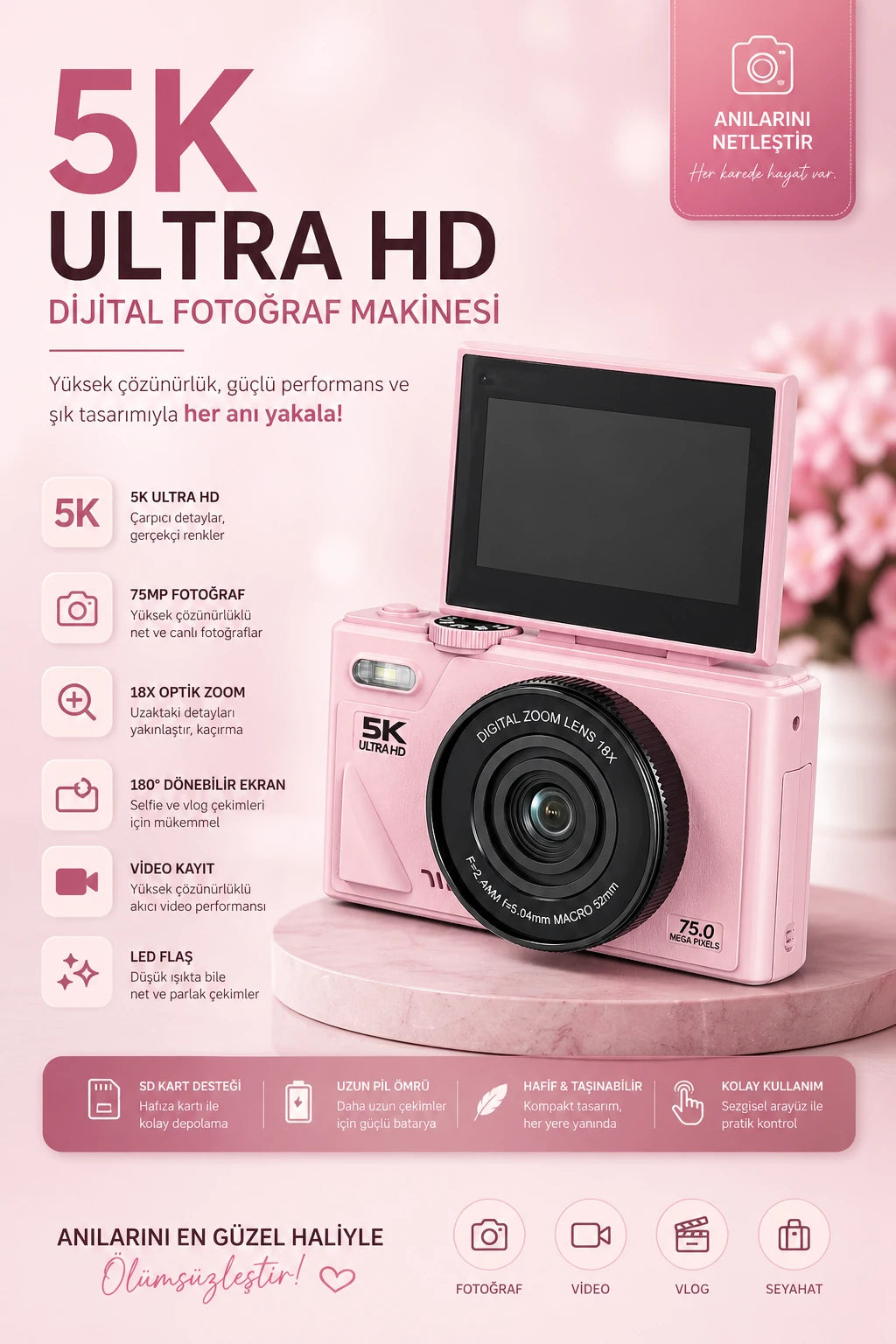 5K UHD 18x Zoom Dönen Ekran Video Foto Vlog Kamera (Pembe)