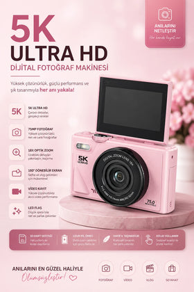 5K UHD 18x Zoom Dönen Ekran Video Foto Vlog Kamera (Pembe)