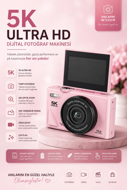5K UHD 18x Zoom Dönen Ekran Video Foto Vlog Kamera (Pembe)