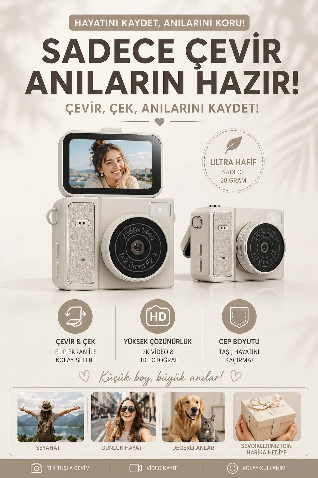 Mini Dijital Fotoğraf Makinesi Flip Life Video Foto Kamera 2K+48MP (Bej)