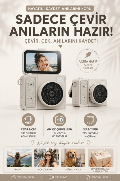 Mini Dijital Fotoğraf Makinesi Flip Life Video Foto Kamera 2K+48MP (Bej)