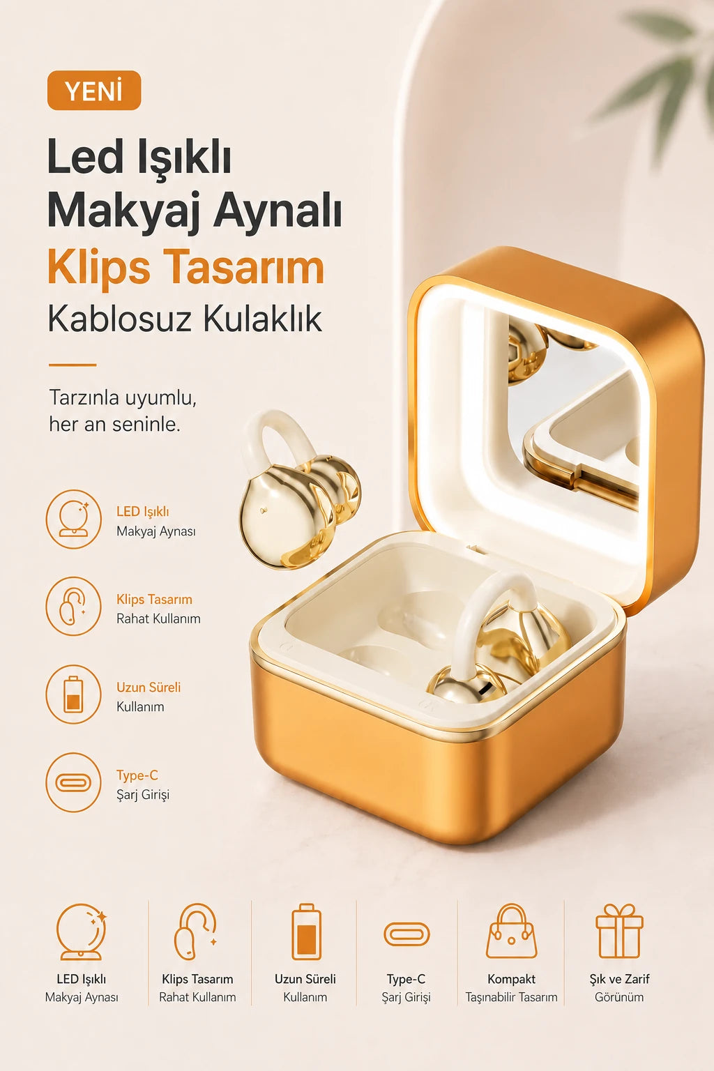Led Işıklı Makyaj Aynalı Klips Tasarım Kablosuz Kulaklık (Turuncu)