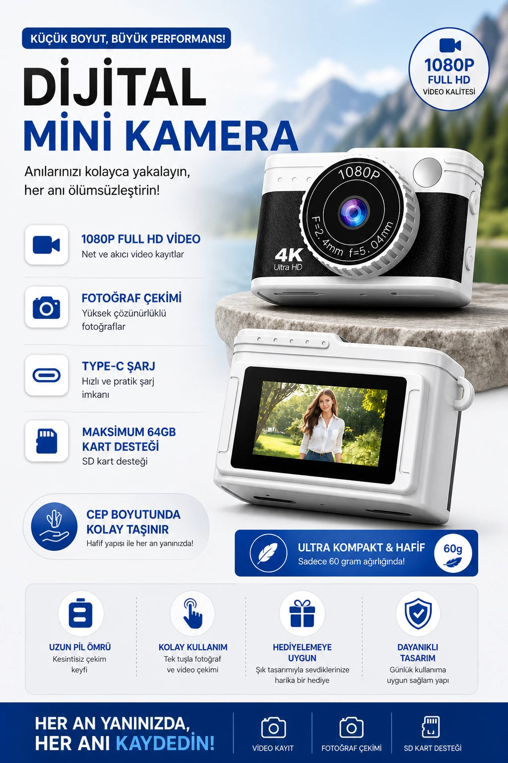 Dijital Mini Kamera 1080P (Siyah)