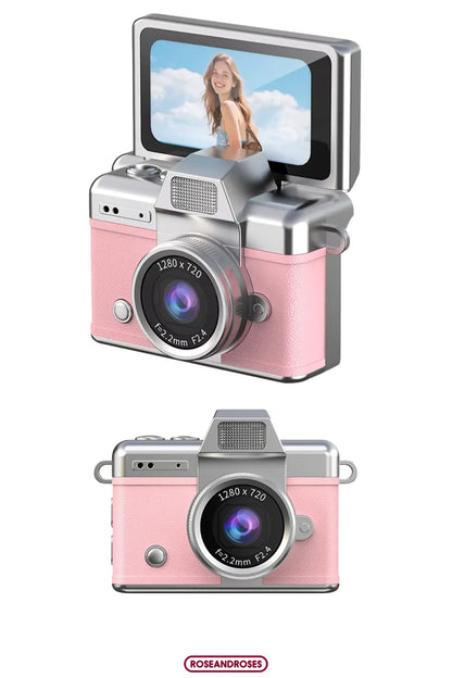 Mini Kamera Dönen Ekran Flaşlı Selfie Video Vlog Kamerası Anahtarlık 1080P+48MP (Pembe)