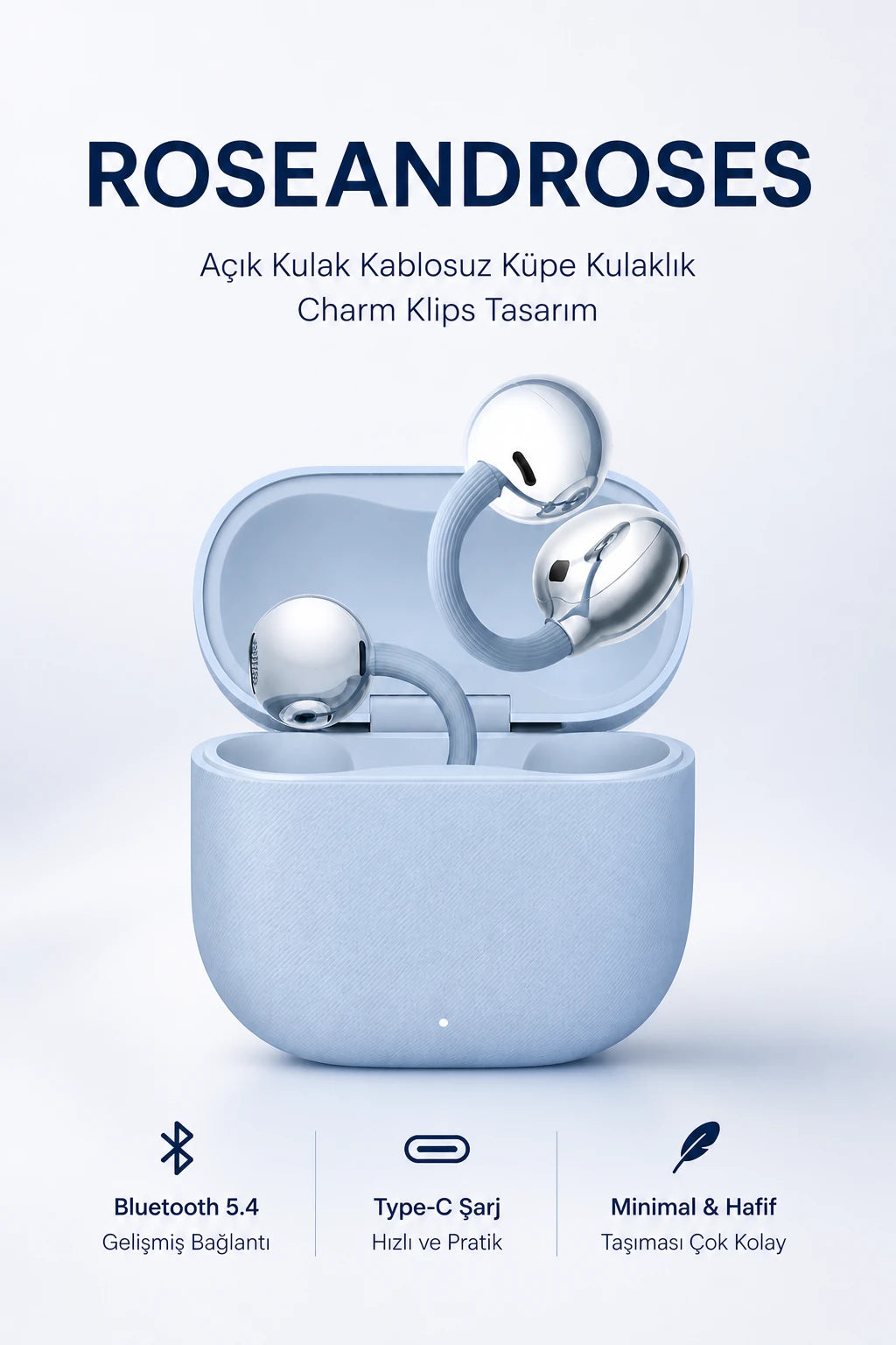 Açık Kulak Kablosuz Küpe Kulaklık - Charm Klips Tasarım (Bebe Mavisi)