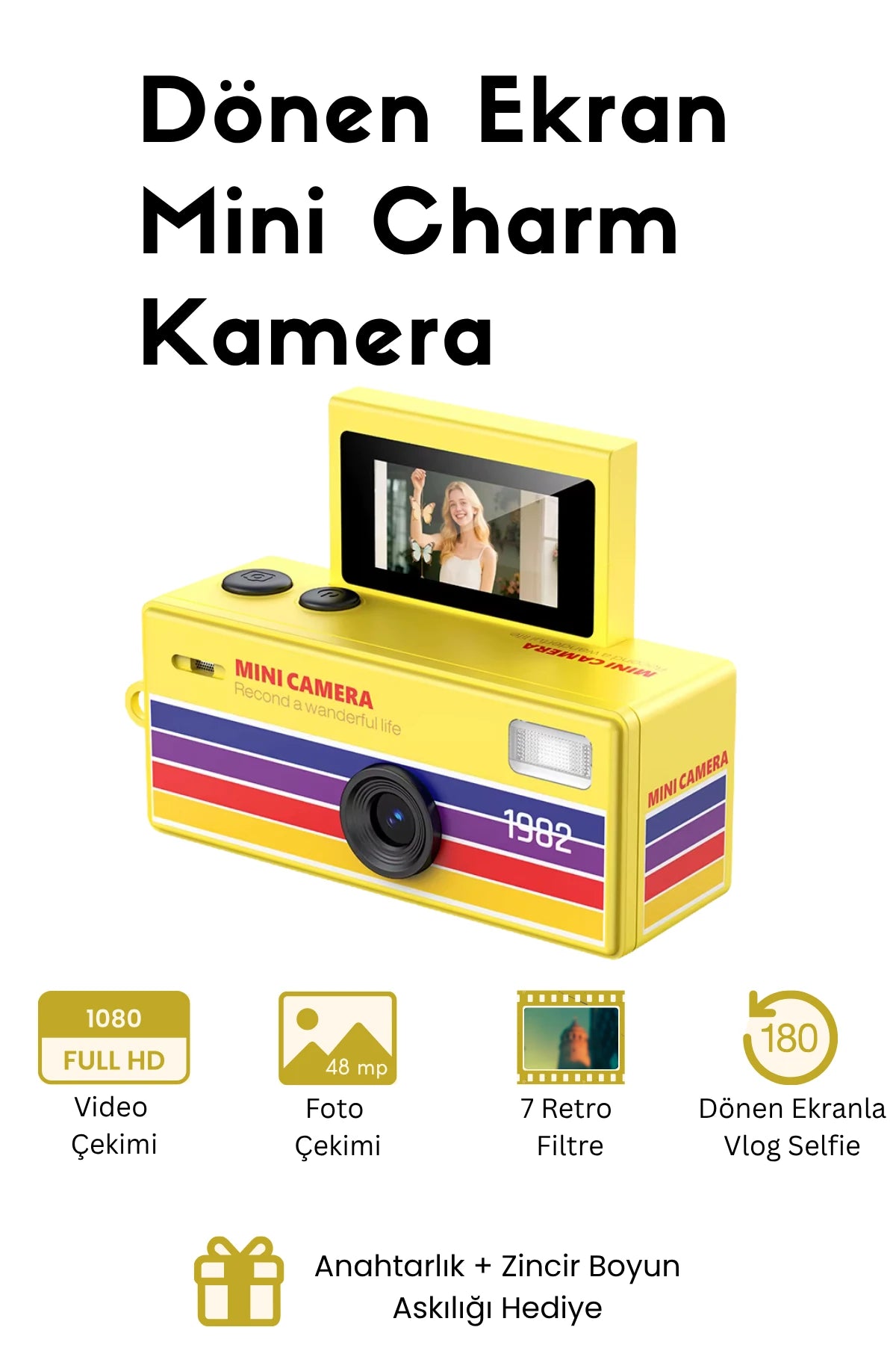 Mini Charm Kamera Dönen Ekran Flaşlı Selfie Video Vlog Kamerası 1080P+48MP (Sarı)
