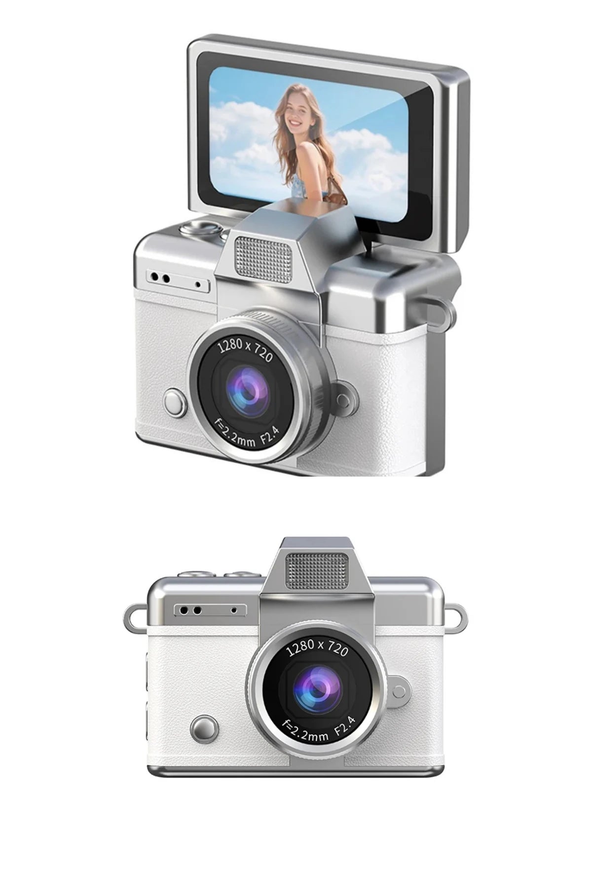 Mini Kamera Dönen Ekran Flaşlı Selfie Video Vlog Kamerası Anahtarlık 1080P+48MP (Beyaz)