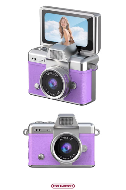 Mini Kamera Dönen Ekran Flaşlı Selfie Video Vlog Kamerası Anahtarlık 1080P+48MP (Mor)