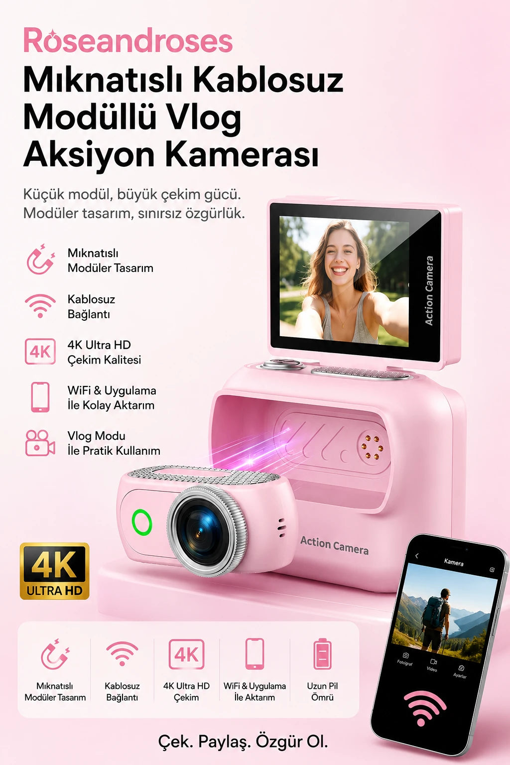 Geniş Açılı Mıknatıslı Kablosuz Modüllü Vlog Aksiyon Kamerası 4K+48MP (Pembe)