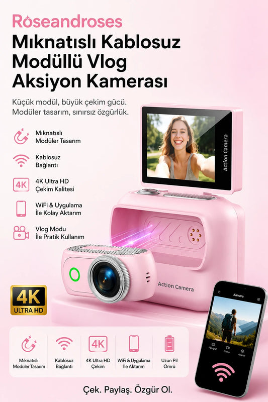 Geniş Açılı Mıknatıslı Kablosuz Modüllü Vlog Aksiyon Kamerası 4K+48MP (Pembe)