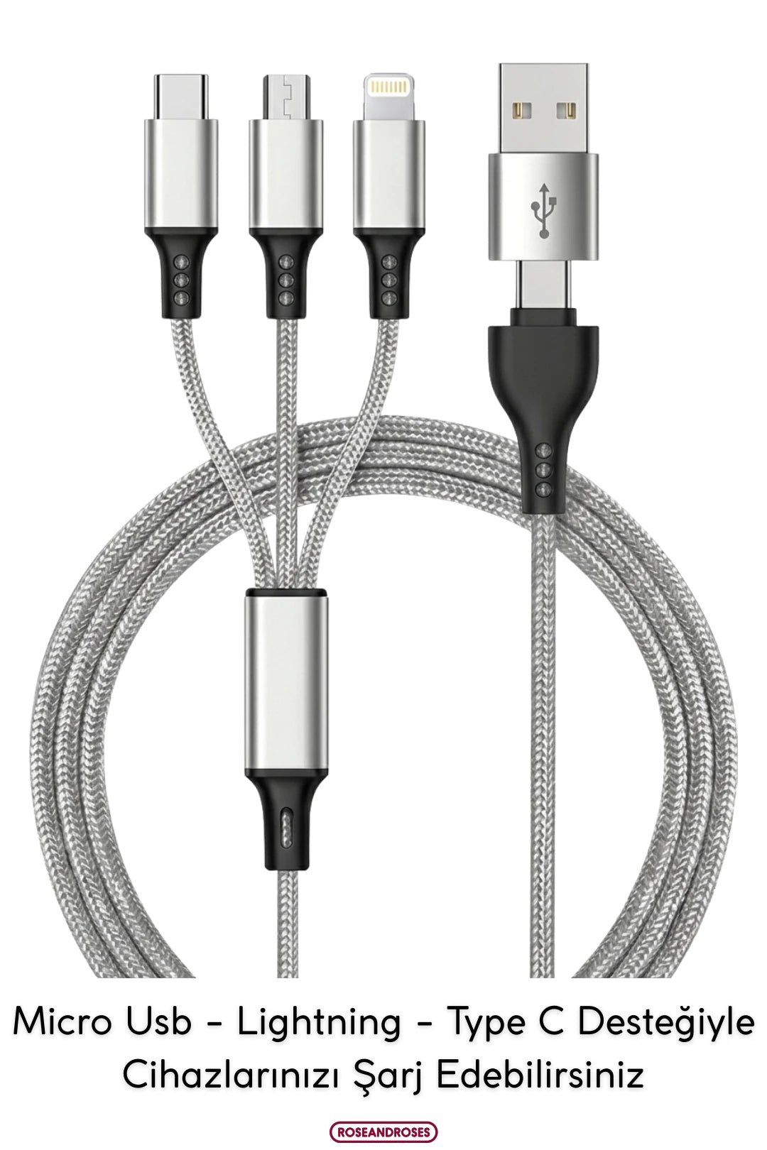 Lightning - Type-C -Micro USB Çıkışlı Type-C/A Adaptör Uyumlu Örgülü Şarj Kablosu