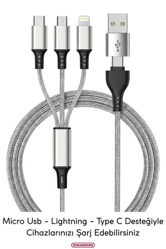 Lightning - Type-C -Micro USB Çıkışlı Type-C/A Adaptör Uyumlu Örgülü Şarj Kablosu