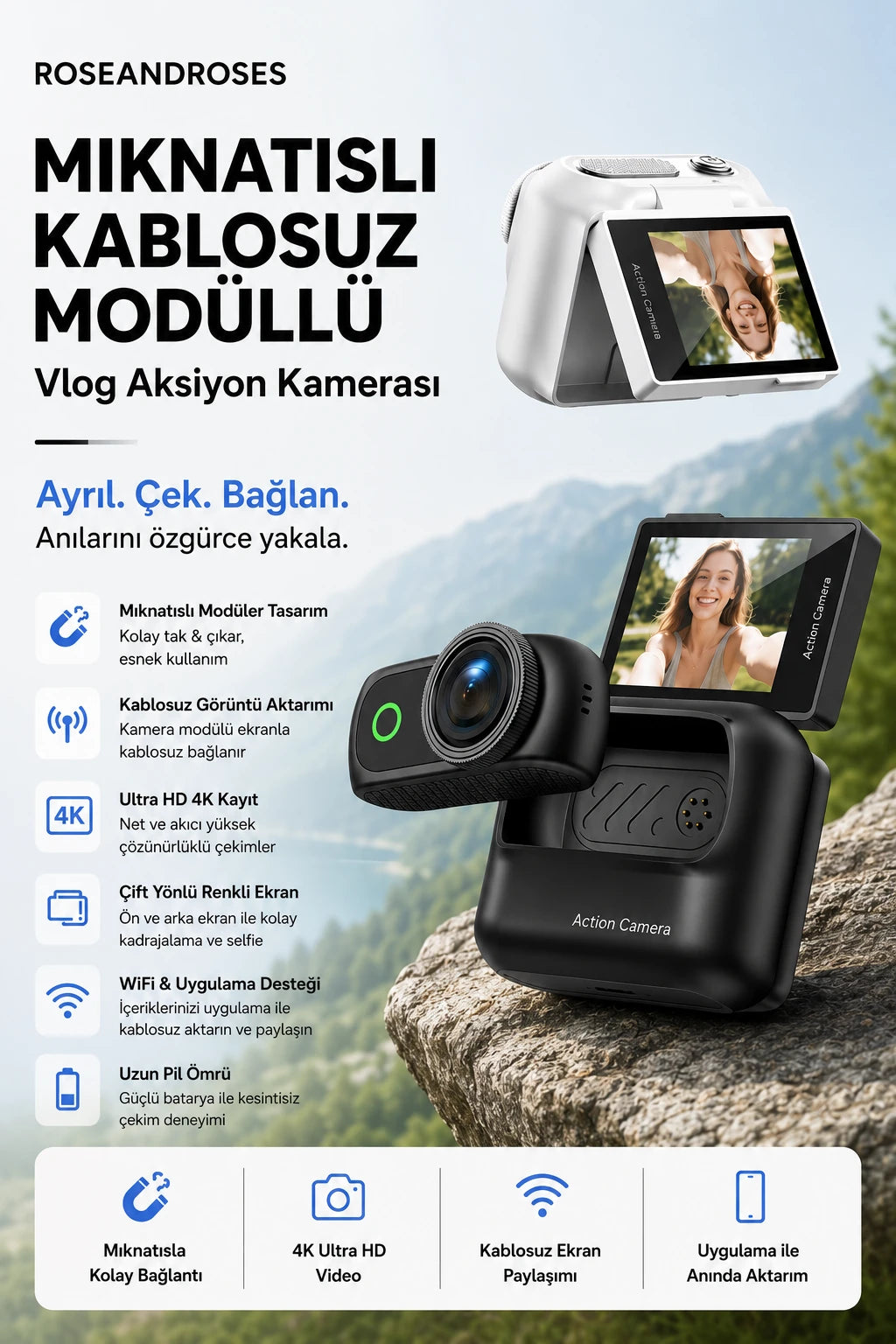 Geniş Açılı Mıknatıslı Kablosuz Modüllü Vlog Aksiyon Kamerası 4K+48MP (Turuncu)