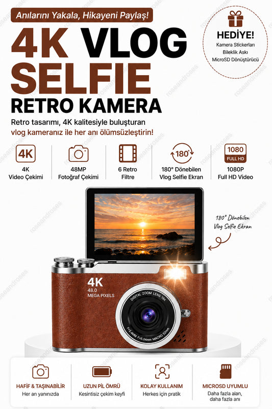 4K Retro Kamera Dönen Ekran Flaşlı Selfie Video Vlog Kamerası (Kahverengi)