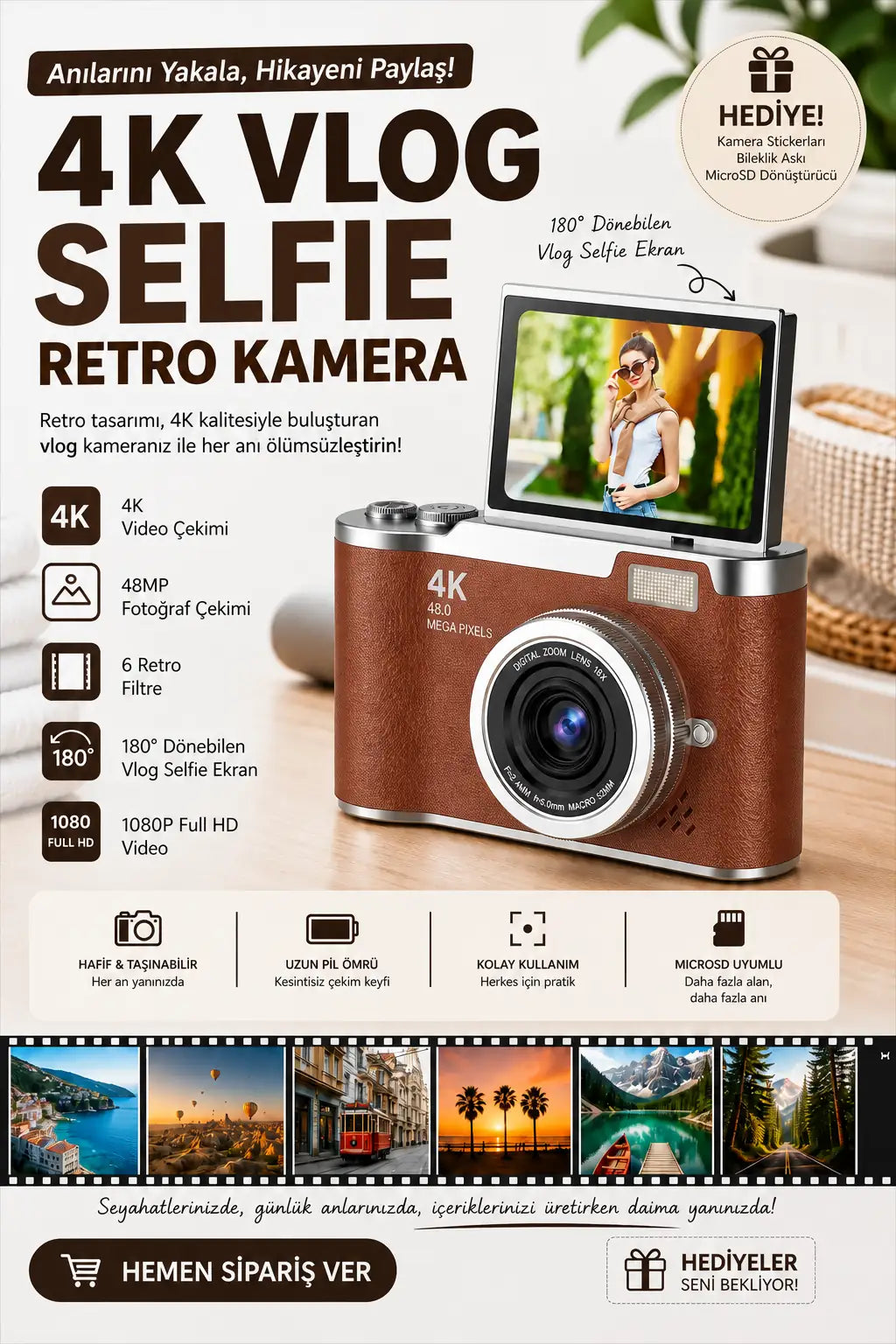 Sticker Hediyeli Retro Kamera Dönen Ekran Flaşlı Selfie Video Vlog Kamerası 4K+48MP (Kahverengi)