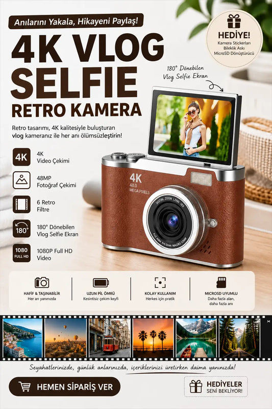 Sticker Hediyeli Retro Kamera Dönen Ekran Flaşlı Selfie Video Vlog Kamerası 4K+48MP (Kahverengi)