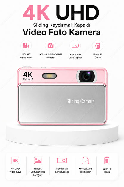 4K UHD Sliding Kamera – Kaydırmalı Lens Kapaklı Video Foto Kamera (Pembe)