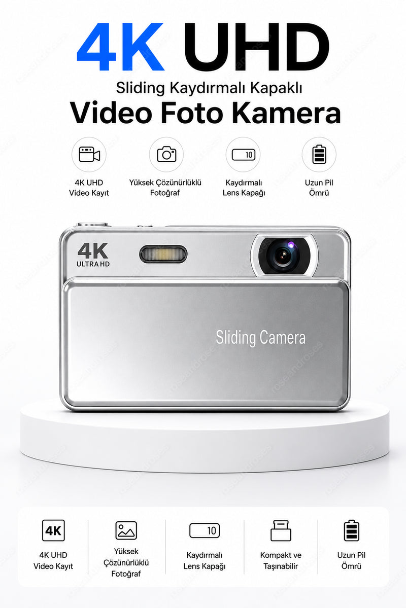 4K UHD Sliding Kamera – Kaydırmalı Lens Kapaklı Video Foto Kamera (Gümüş)
