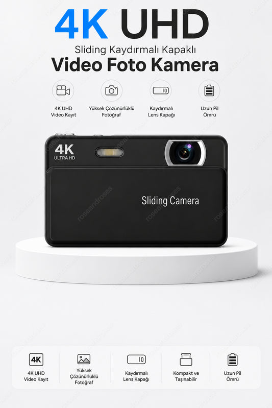 4K UHD Sliding Kamera – Kaydırmalı Lens Kapaklı Video Foto Kamera (Siyah)