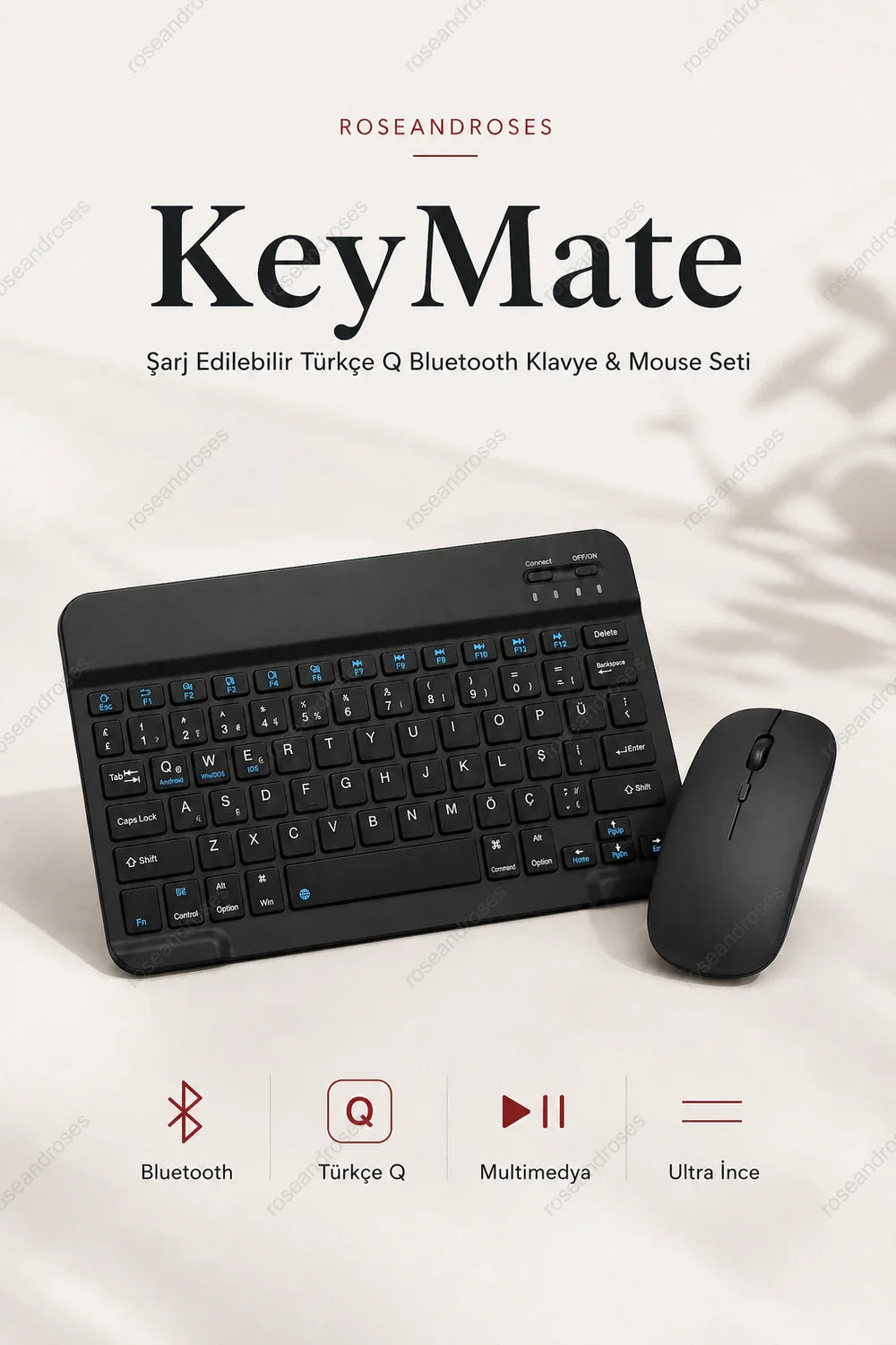 KeyMate mavi fonksiyon yazılı Türkçe Q Bluetooth klavye ve kablosuz mouse seti ana görseli