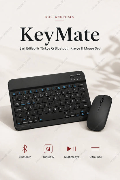 KeyMate mavi fonksiyon yazılı Türkçe Q Bluetooth klavye ve kablosuz mouse seti ana görseli