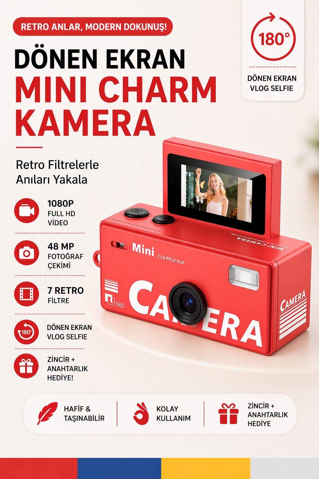 Mini Charm Kamera Dönen Ekran Flaşlı Selfie Video Vlog Kamerası 1080P+48MP (Kırmızı)